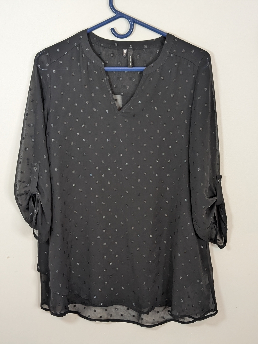 Maurices Black Sheer V-Neck Roll-Sleeve Blouse